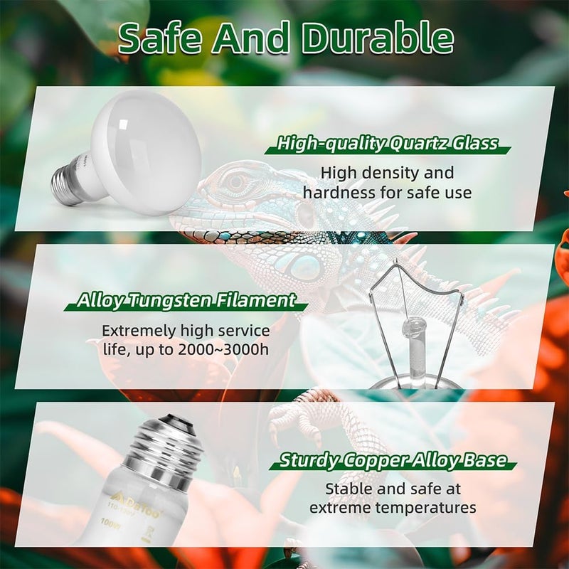 DATOO Reptile Heat Lamp 100W Amphibians Basking Light Bulb UVA Heat Lamp Bulbs Daylight Basking Spot Light for Lizards Bearded Dragon Turtles Snakes Chickens Pet Brooder (2 Pack) - Image 4